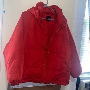 Red puffer jacket